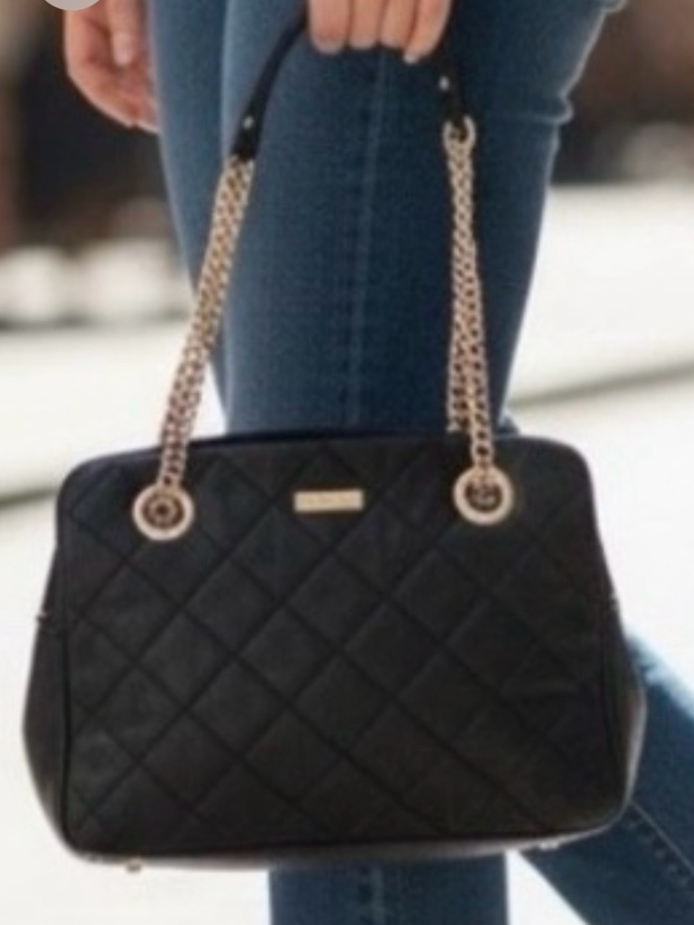 kate spade Black Leather Quilted Shoulder Bag with Black/Gold Chain Strap